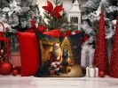 Belgian Tervuren and Santa Claus Throw Pillow Machine Washable, Indoor Outdoor Decorative Pillow for Couch, Bed or Patio, 14Hx14W