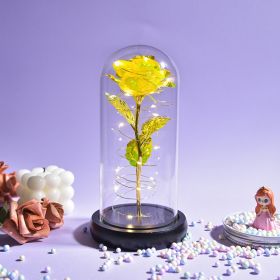 Gifts for Women Beauty and The Beast Preserved Roses In Glass Galaxy Rose LED Light Artificial Flower Birthday Gift for Girls (Color: Black Base-Yellow)